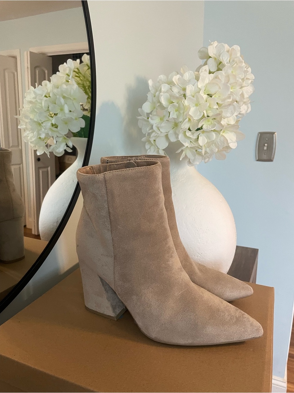 Target Taupe Suede Pointed-Toe Block Heel Ankle Boots